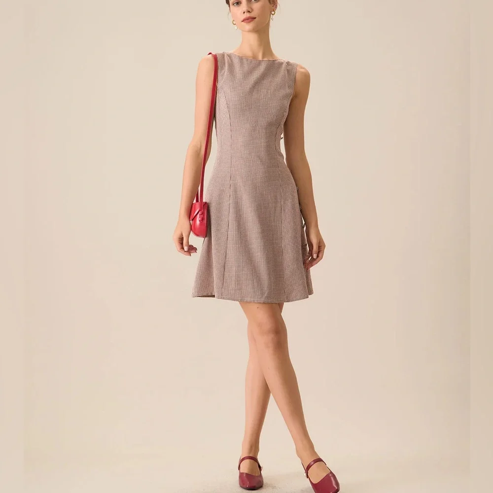 Rihoas Women's Boat Neck Brown Plaid Mini Dress - Picture 3 of 8